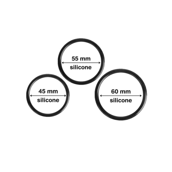 Medidas de las 3 anillas de silicona que acompañan al arnés Alexia para el ajuste de diferentes dildos