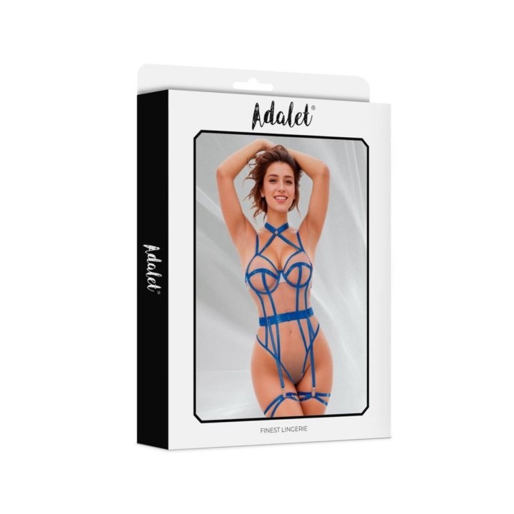 Packaging oficial de Adalet para el Conjunto Killey Teddy, cuerpo transparente y tiras azules, disponible en talla S/M y L/XL