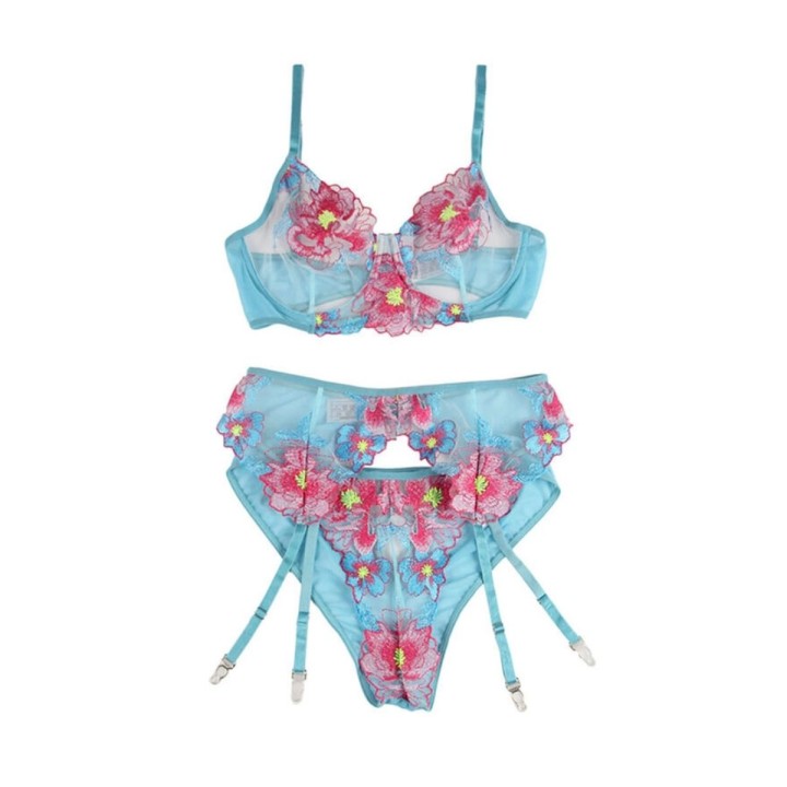 Subblime — Blue Sexy Mesh Embossed Floral Bra Set with Garter Belt — S/M - L/XL