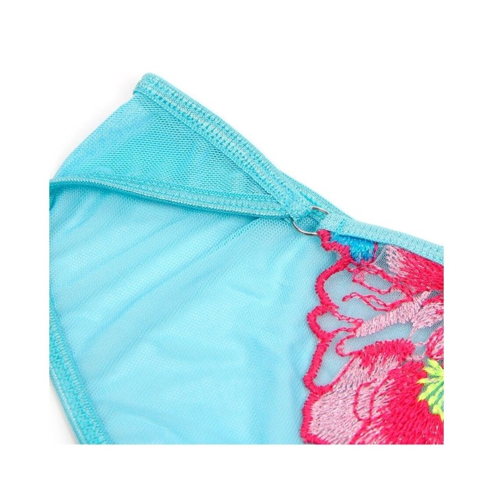 Subblime — Blue Sexy Mesh Embossed Floral Bra Set with Garter Belt — S/M - L/XL