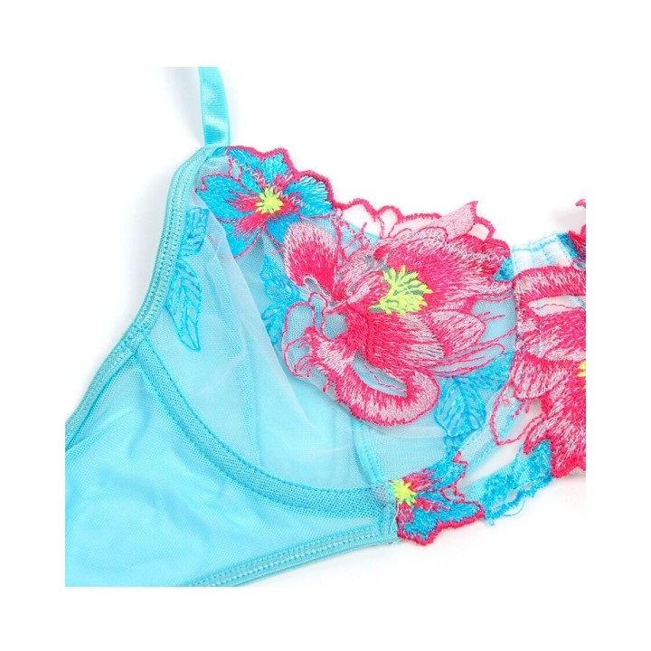 Subblime — Blue Sexy Mesh Embossed Floral Bra Set with Garter Belt — S/M - L/XL