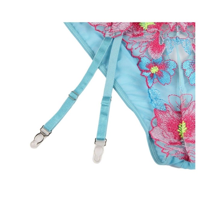 Subblime — Blue Sexy Mesh Embossed Floral Bra Set with Garter Belt — S/M - L/XL