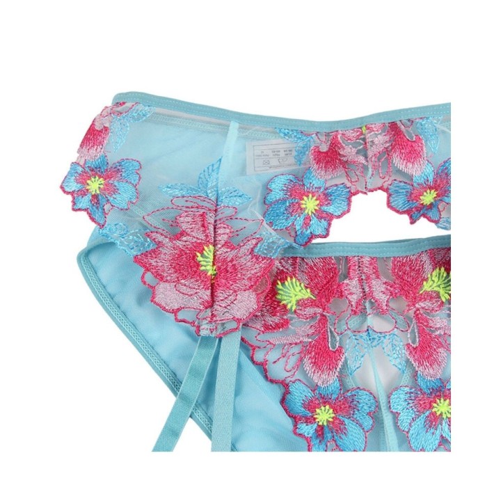 Subblime — Blue Sexy Mesh Embossed Floral Bra Set with Garter Belt — S/M - L/XL