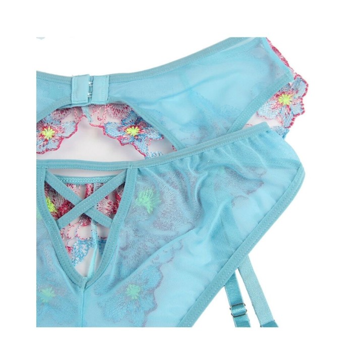 Subblime — Blue Sexy Mesh Embossed Floral Bra Set with Garter Belt — S/M - L/XL