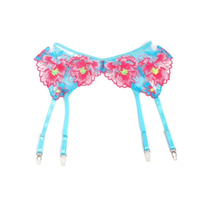 Subblime — Blue Sexy Mesh Embossed Floral Bra Set with Garter Belt — S/M - L/XL