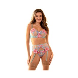 Subblime — Blue Sexy Mesh Embossed Floral Bra Set with Garter Belt — S/M - L/XL