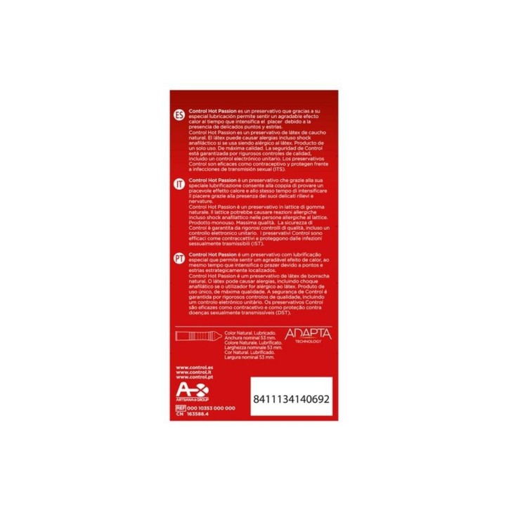 Reverso del packaging de los Hot Passion de Control