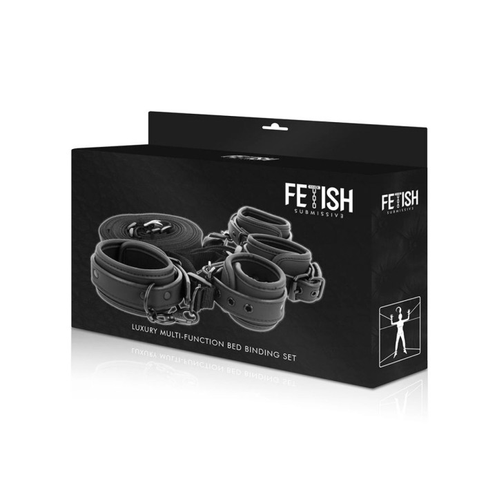 Packaging oficial del set de esposas y ataduras para la cama de Fetish Submissive