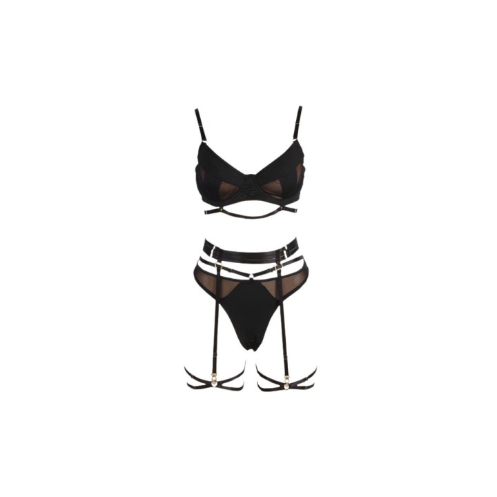 El set Ellie se encuentra compuesto por 4 piezas, sujetador, tanga, liguero y ligas, todo en color negro.