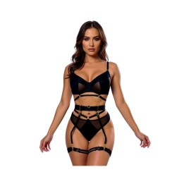 Adalet — Conjunto de sujetador, tanga, ligueros y ligas — Tallas S/M y L/XL - Negro