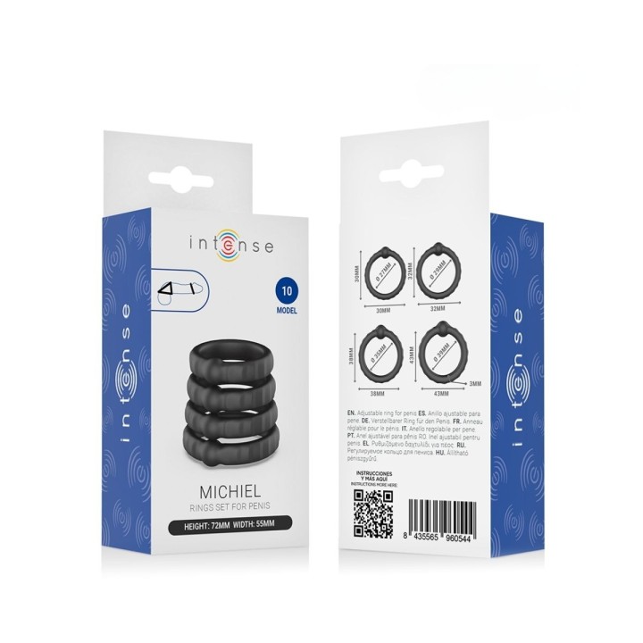 Packaging oficial de Intense con los Anillos Michiel, de silicona negra
