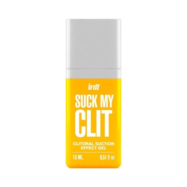 Envase del Suck My Clit gel de efecto succión de clítoris con sabor a mango tropical de 15 ml de Intt.