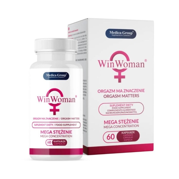 Packaging y envase de las 60 cápsulas de WinWoman para potenciar el bienestar y la vitalidad femenina.