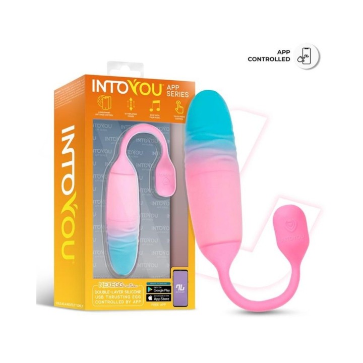 Packaging y huevo Nexegg turquesa y rosa, con thrusting y conectividad con la App ActiveJoy de Intoyou.