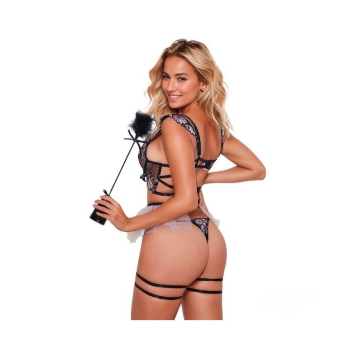 Vista trasera de Caroline el Set de corset y tanga con liguero de Adalet