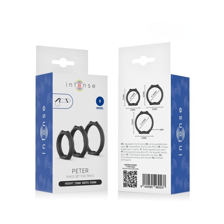 Packaging anverso y reverso de Peter, el set de anillos para el pene de Intense.