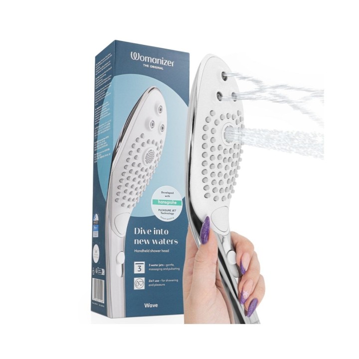 Cabezal de ducha estimulador de clítoris Plateado de Womanizer con packaging