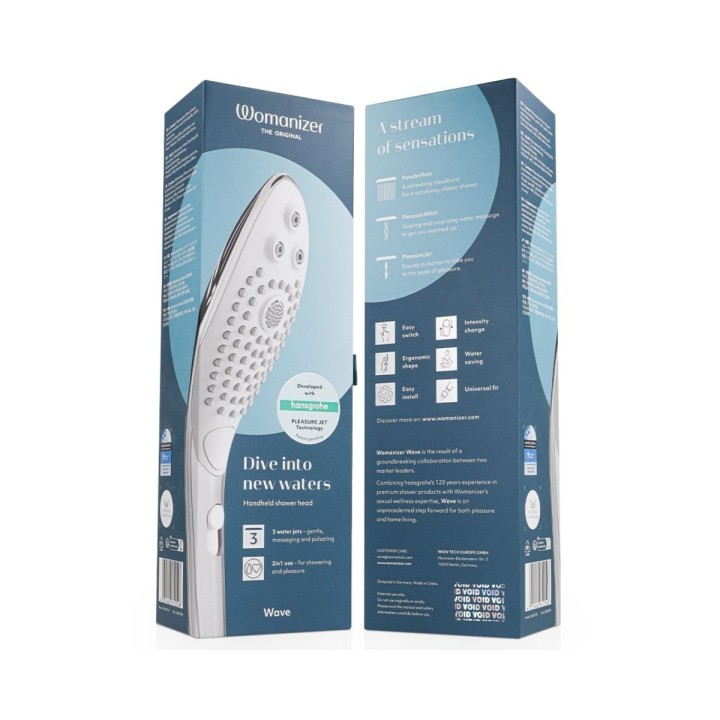 Packaging del Wave , el cabezal de ducha para estimular el clítoris de Womanizer
