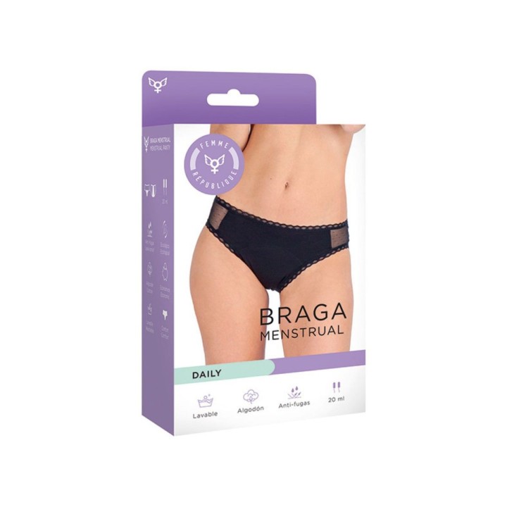 Packaging de la Braga Menstrual Daily en diferentes tallas, s, m , l, xl y 2xl.