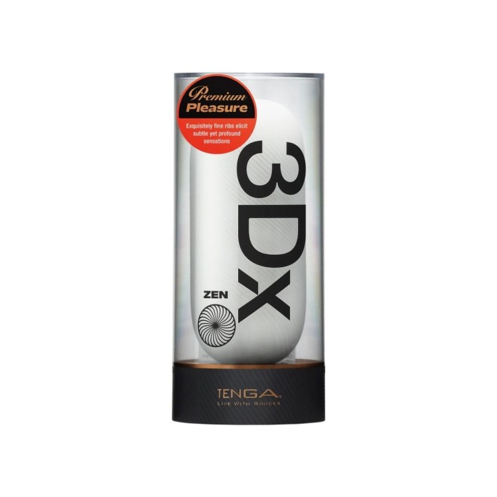 Packaging y presentación de la Serie 3DX de Tenga, con sello rojo, el Zen