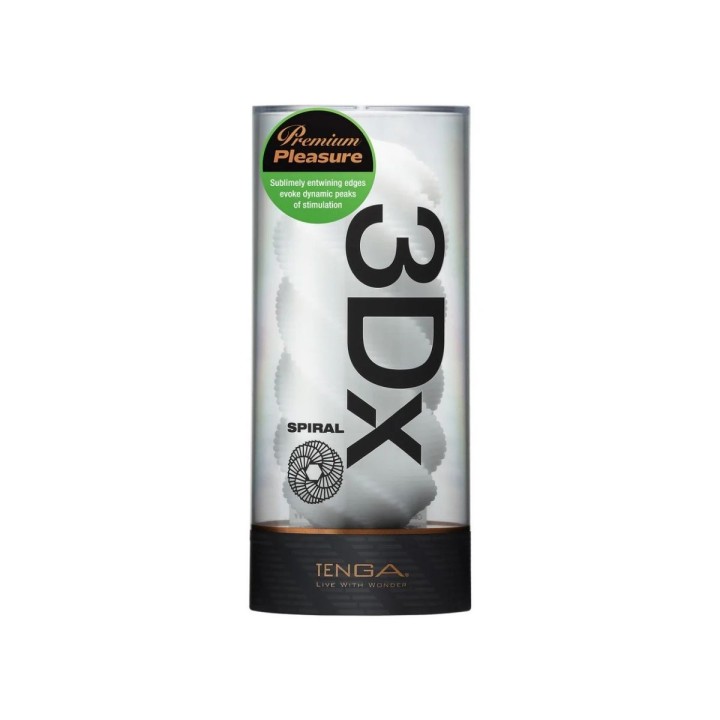 Packaging y presentación de la Serie 3DX de Tenga, con sello verde, el Spiral