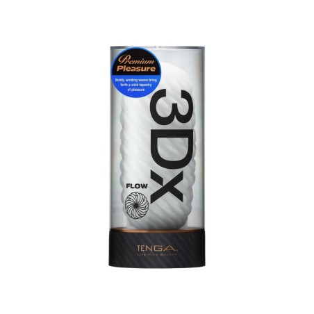Packaging y presentación de la Serie 3DX de Tenga, con sello azul, el Flow.
