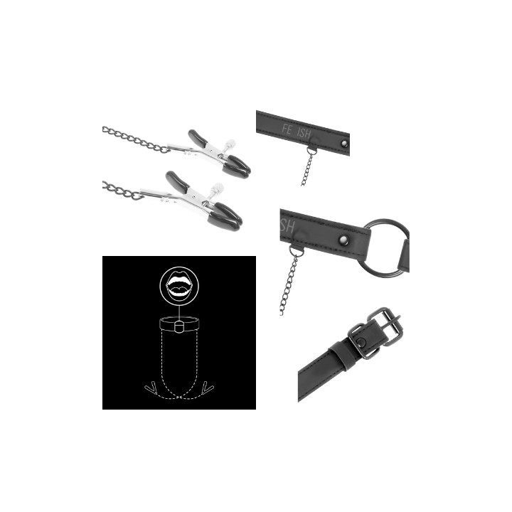 FETISH SUBMISSIVE ANILLA MORDAZA CON PINZAS PARA PEZONES