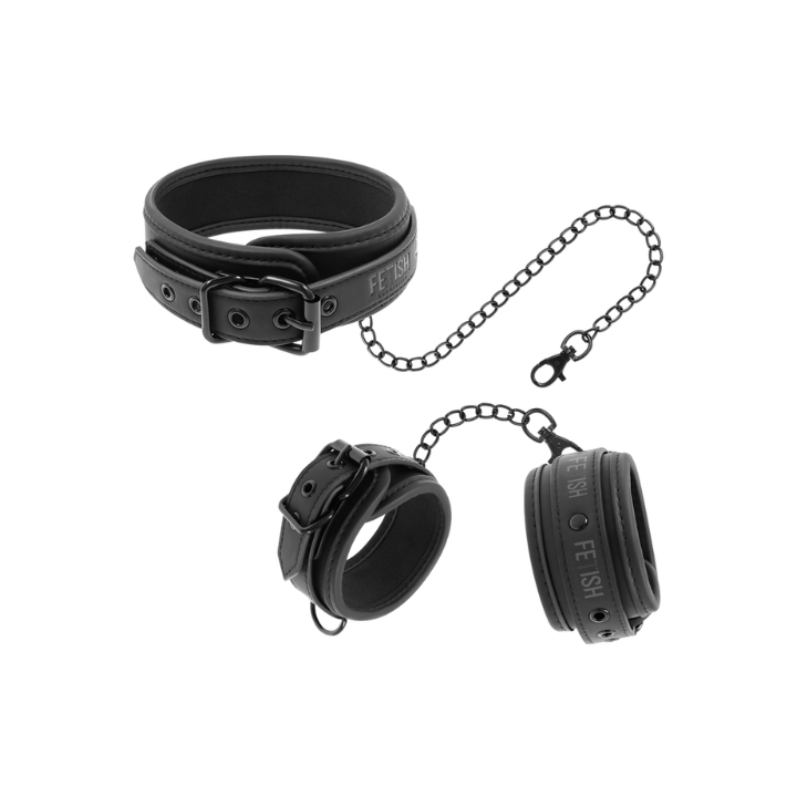 FETISH SUBMISSIVE COLLAR Y ESPOSAS CUERO VEGANO CON FORRO DE NOPRENO