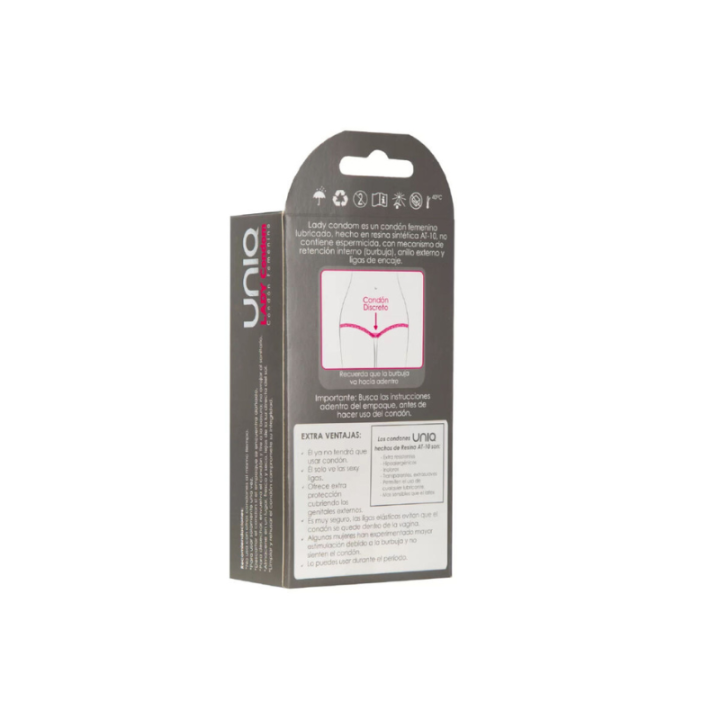 UNIQ - LADY CONDOM PRESERVATIVOS FEMENINOS CON LIGUERO SIN LATEX 3 UNIDADES