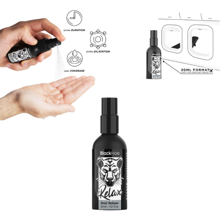Envase del Spray Relajante anal de BlackHole de 30 ml y su uso, Ideal tamaño viaje.