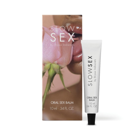 Packaging del Oral Sex Balm de Slow Sex de Bijoux Indiscrets y envase. Una invitación al placer