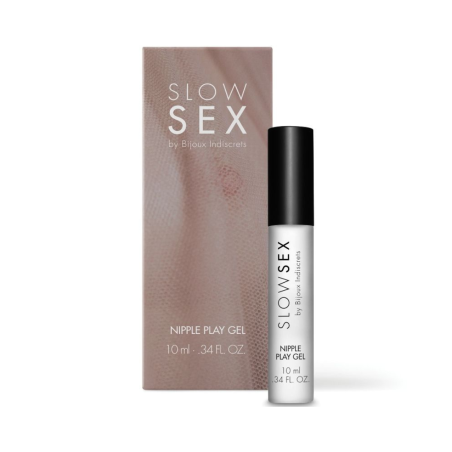 Gel estimulante de pezones, con efecto frío y sabor a coco, packaging de la línea Slow Sex de Bijoux Indriscrets.