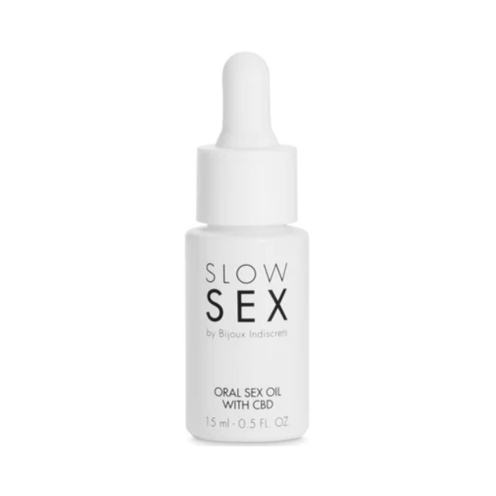 Frasco de cristal con cuentagotas del aceite con CBD de Slow Sex de Bijoux