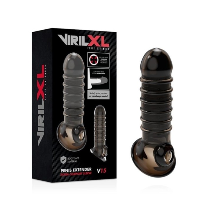 VIRILXL - EXTENSION Y FUNDA DE PENE V15 TRANSPARENTE - NEGRA