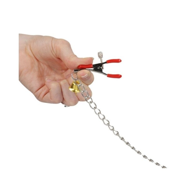 KINK - PINZAS PARA PEZONES Y CLÍTORIS ROJAS CON CASCABEL DORADO Y CADENA 30 CM