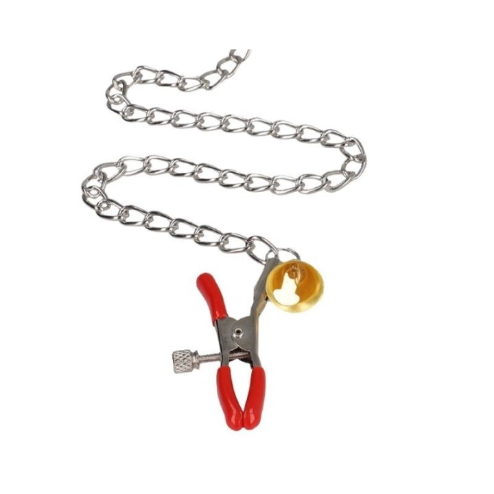 KINK - PINZAS PARA PEZONES Y CLÍTORIS ROJAS CON CASCABEL DORADO Y CADENA 30 CM