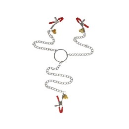 KINK - PINZAS PARA PEZONES Y CLÍTORIS ROJAS CON CASCABEL DORADO Y CADENA 30 CM