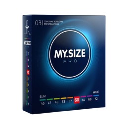 Packaging de 3 unidades de preservativos My Size Pro Talla 60 cada caja viene con la talla visualmente marcada en su color.