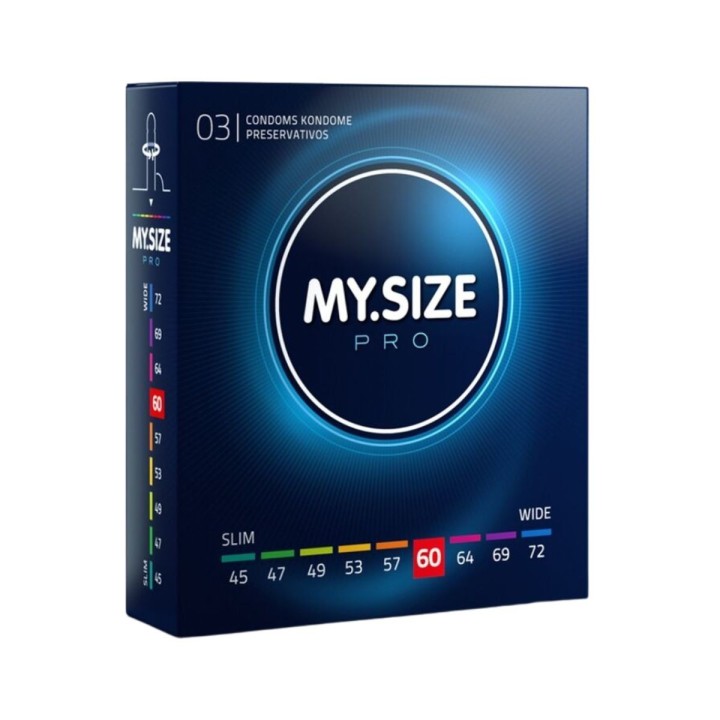 Packaging de 3 unidades de preservativos My Size Pro Talla 60 cada caja viene con la talla visualmente marcada en su color.