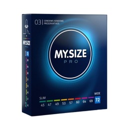 Packaging de 3 unidades de preservativos My Size Pro Talla 72, cada caja viene con la talla visualmente marcada en su color.