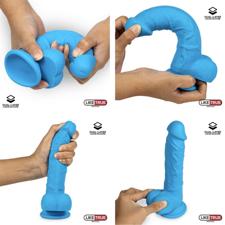 DILDO REALISTA AZUL SILICONA LÍQUIDA DUAL LAYER  8"