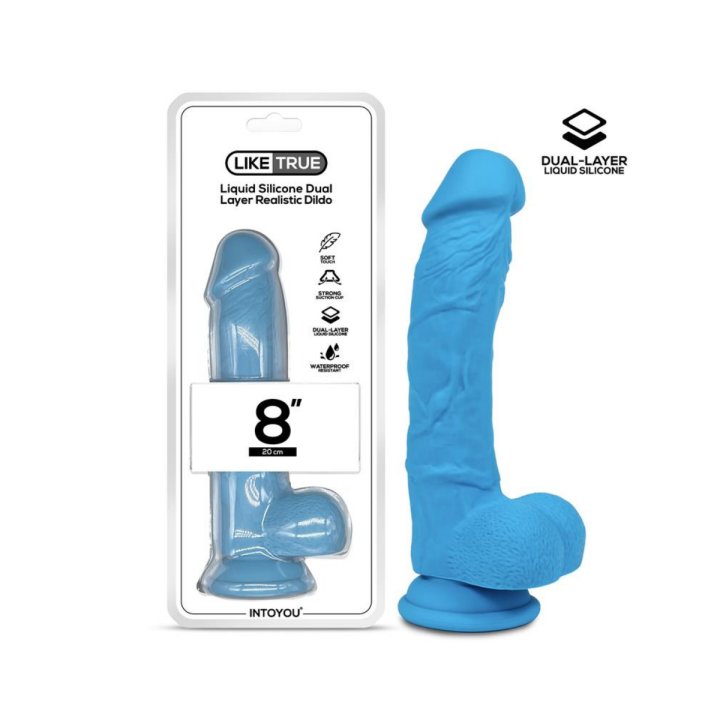 DILDO REALISTA AZUL SILICONA LÍQUIDA DUAL LAYER  8"